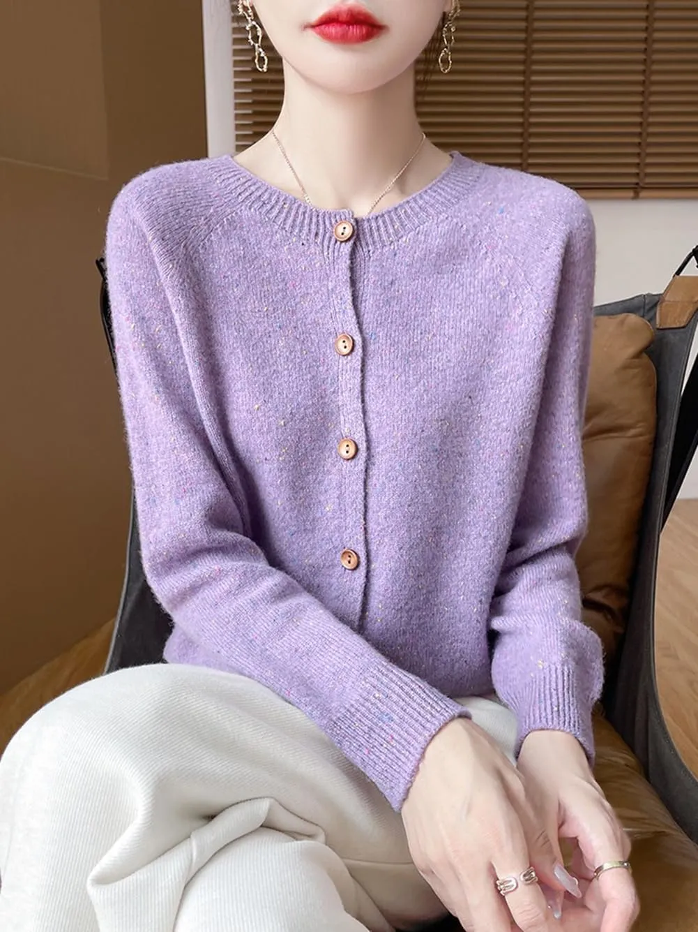 100% Merino Wool Cardigan Sweaters Women's Female Fall Winter Warm Knitted Crew Neck Long Sleeves Thick(WQ281)