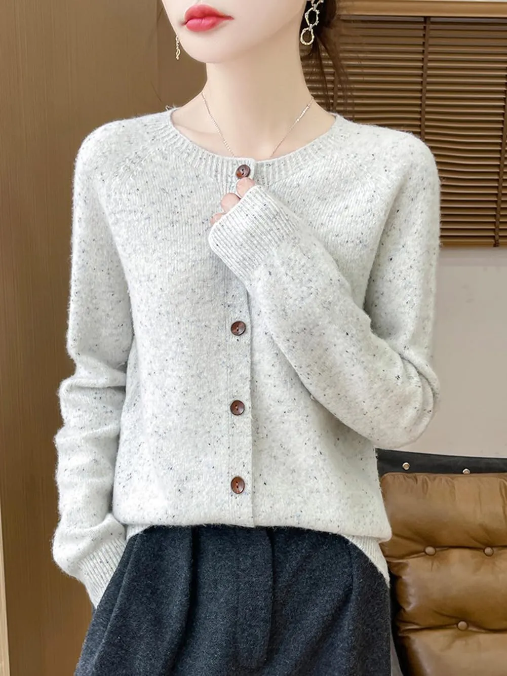 100% Merino Wool Cardigan Sweaters Women's Female Fall Winter Warm Knitted Crew Neck Long Sleeves Thick(WQ281)
