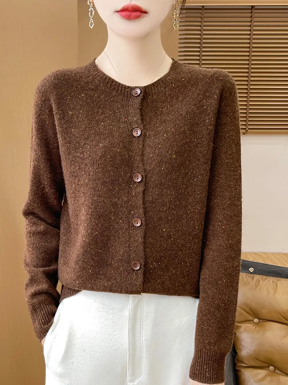 100% Merino Wool Cardigan Sweaters Women's Female Fall Winter Warm Knitted Crew Neck Long Sleeves Thick(WQ281)