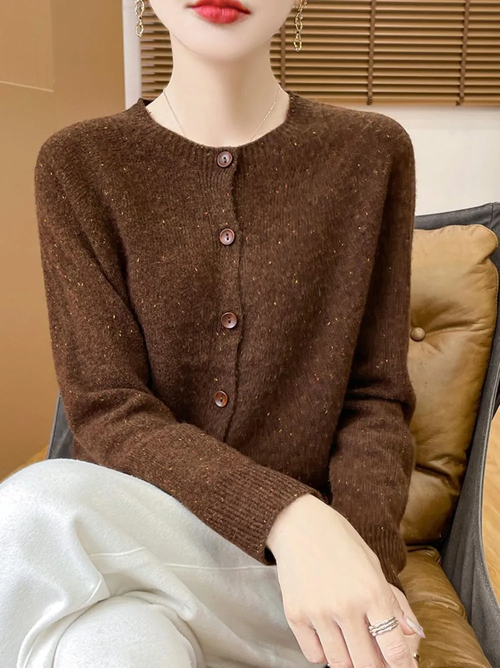 100% Merino Wool Cardigan Sweaters Women's Female Fall Winter Warm Knitted Crew Neck Long Sleeves Thick(WQ281)