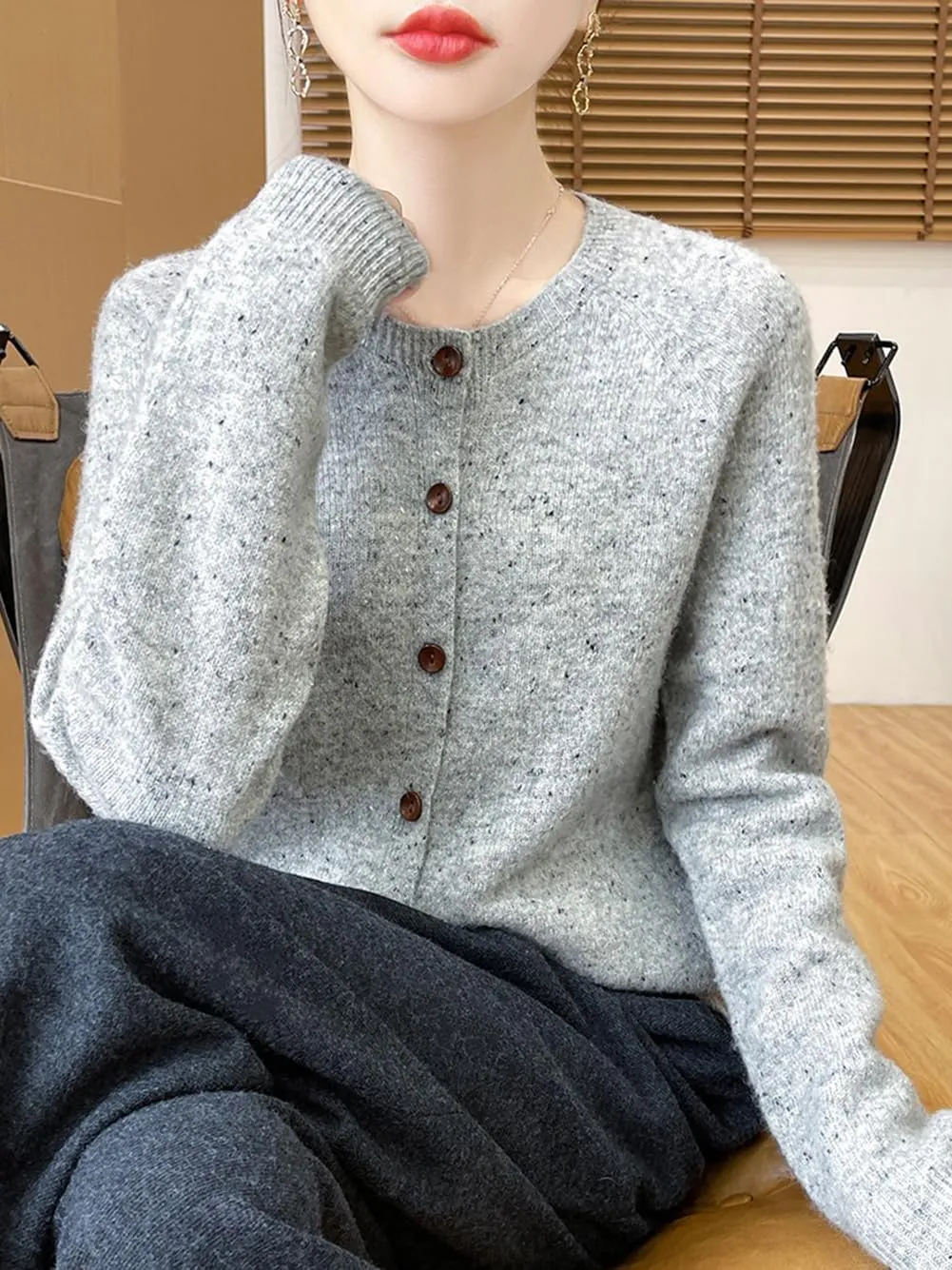 100% Merino Wool Cardigan Sweaters Women's Female Fall Winter Warm Knitted Crew Neck Long Sleeves Thick(WQ281)