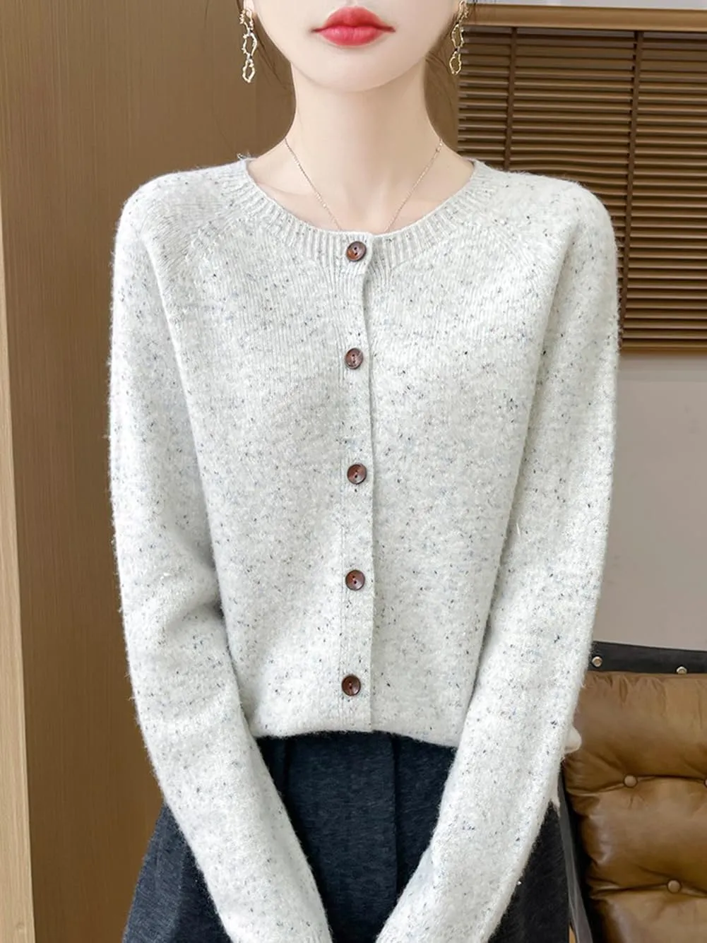 100% Merino Wool Cardigan Sweaters Women's Female Fall Winter Warm Knitted Crew Neck Long Sleeves Thick(WQ281)