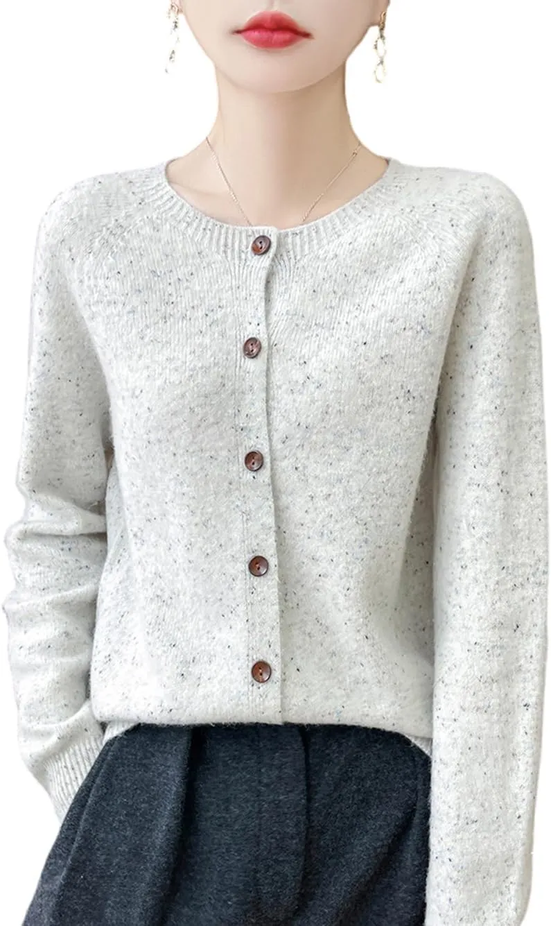 100% Merino Wool Cardigan Sweaters Women's Female Fall Winter Warm Knitted Crew Neck Long Sleeves Thick(WQ281)