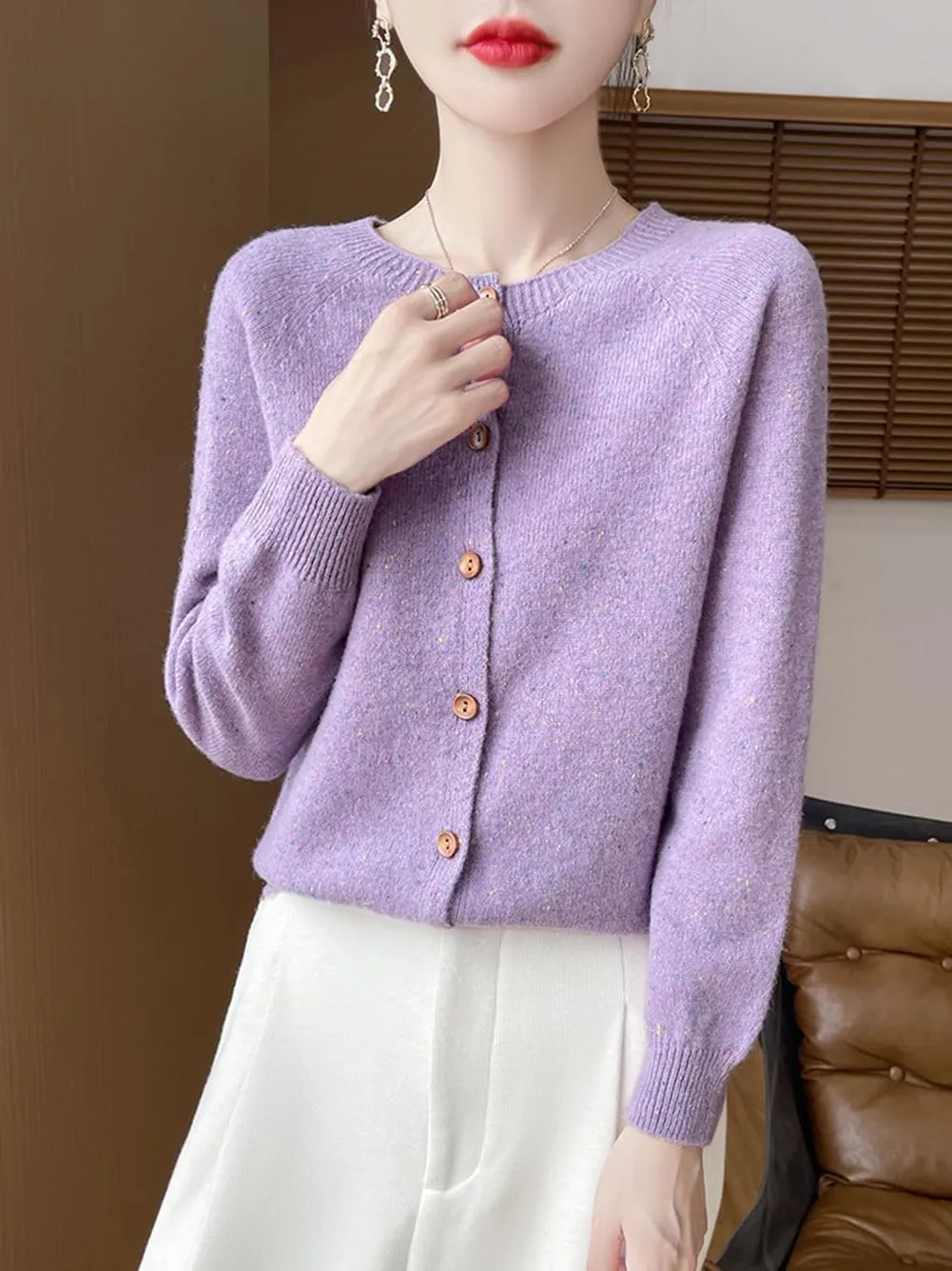 100% Merino Wool Cardigan Sweaters Women's Female Fall Winter Warm Knitted Crew Neck Long Sleeves Thick(WQ281)
