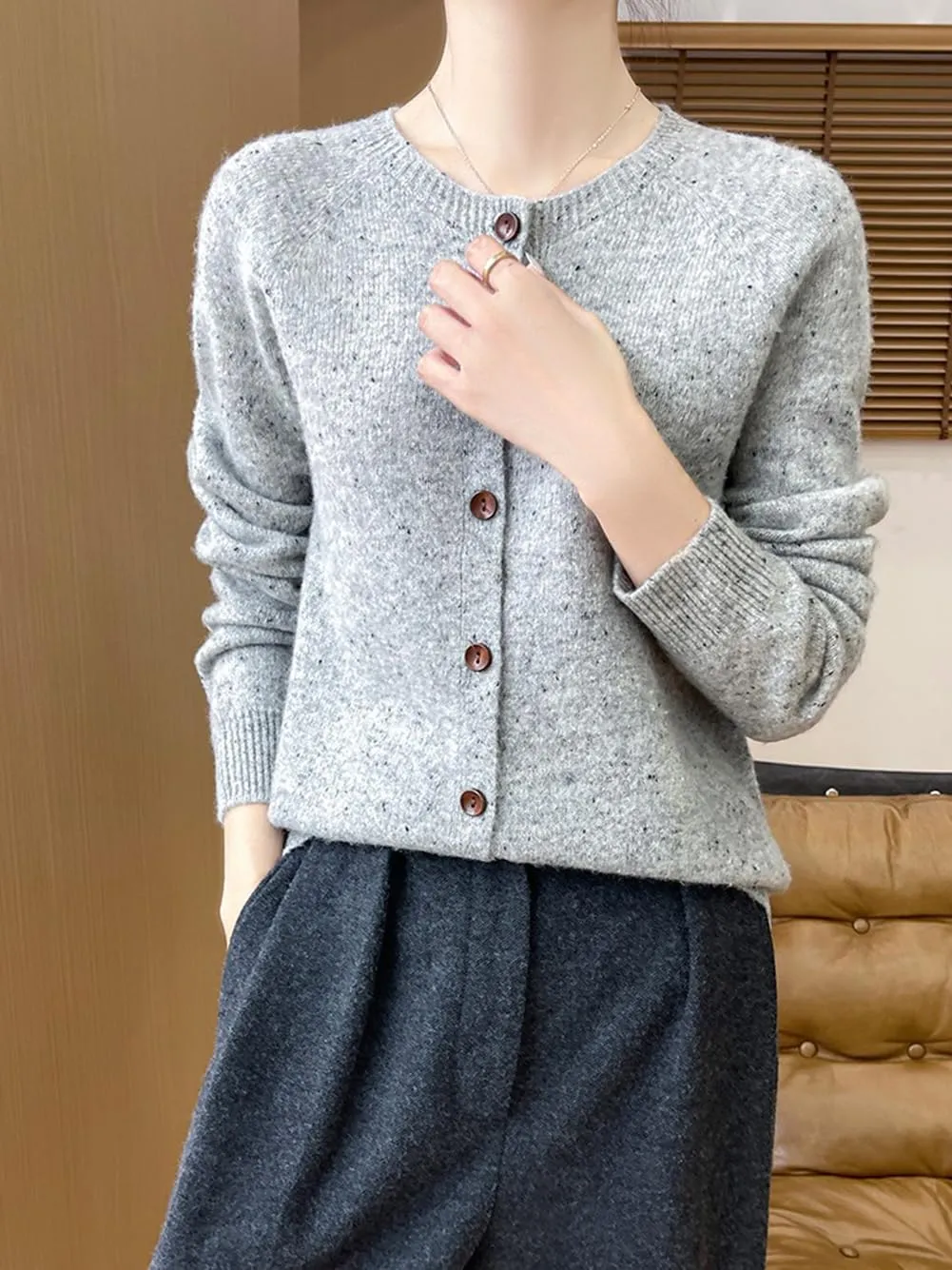 100% Merino Wool Cardigan Sweaters Women's Female Fall Winter Warm Knitted Crew Neck Long Sleeves Thick(WQ281)