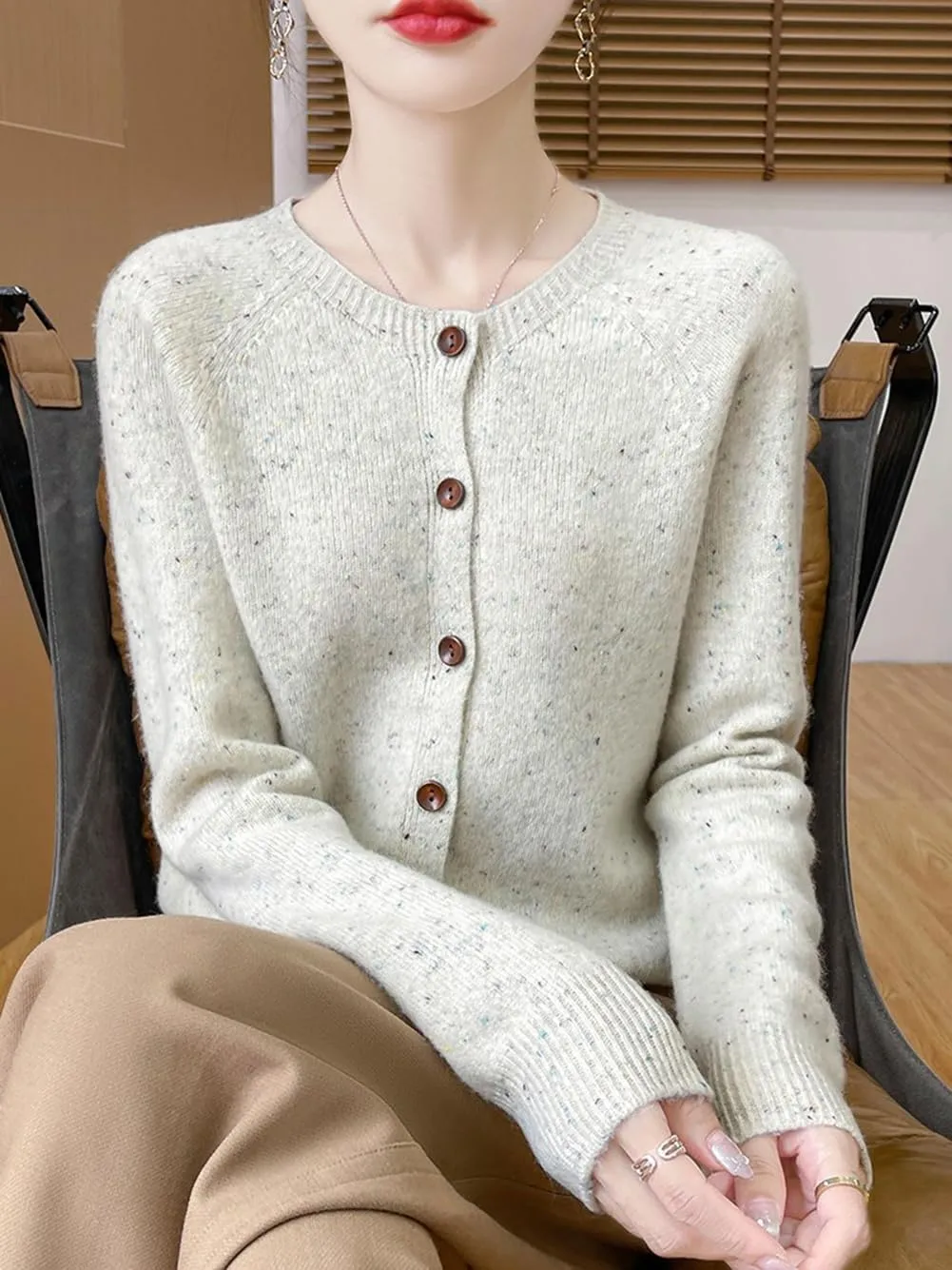 100% Merino Wool Cardigan Sweaters Women's Female Fall Winter Warm Knitted Crew Neck Long Sleeves Thick(WQ281)