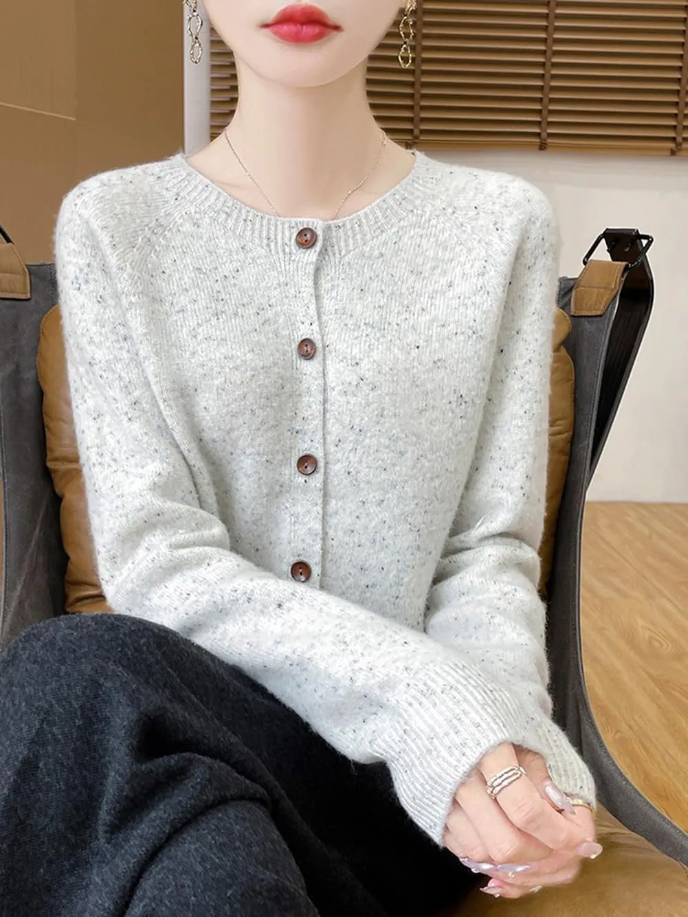 100% Merino Wool Cardigan Sweaters Women's Female Fall Winter Warm Knitted Crew Neck Long Sleeves Thick(WQ281)