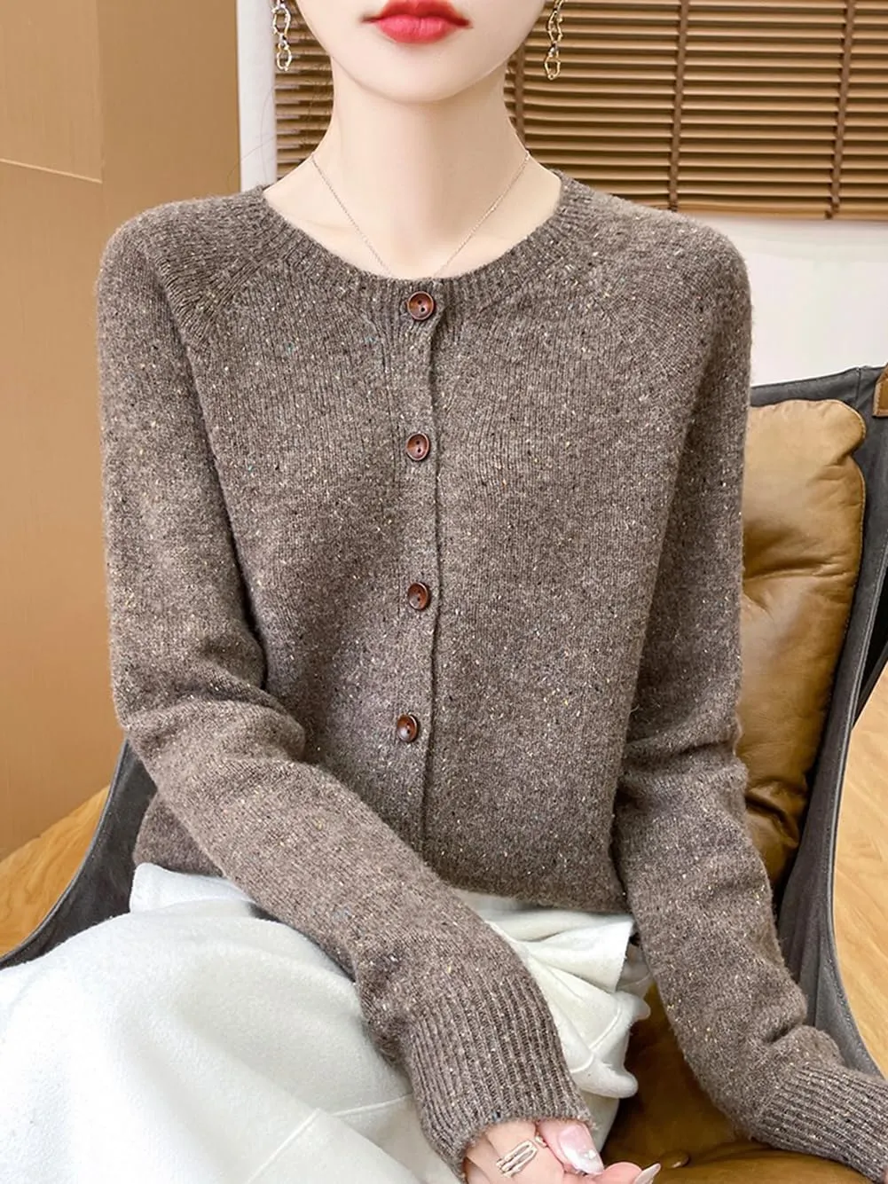 100% Merino Wool Cardigan Sweaters Women's Female Fall Winter Warm Knitted Crew Neck Long Sleeves Thick(WQ281)