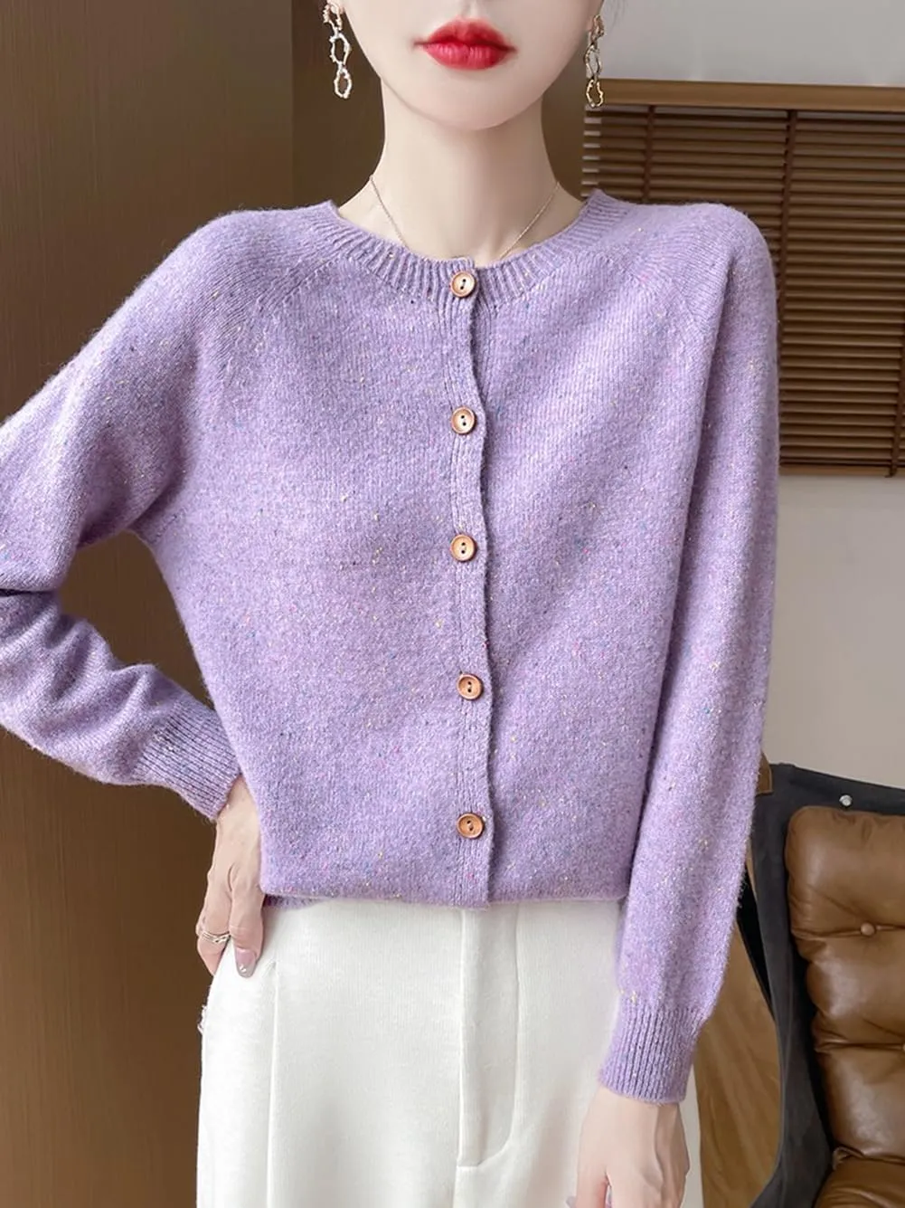 100% Merino Wool Cardigan Sweaters Women's Female Fall Winter Warm Knitted Crew Neck Long Sleeves Thick(WQ281)