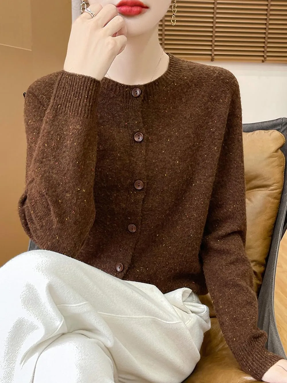 100% Merino Wool Cardigan Sweaters Women's Female Fall Winter Warm Knitted Crew Neck Long Sleeves Thick(WQ281)