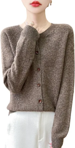 100% Merino Wool Cardigan Sweaters Women's Female Fall Winter Warm Knitted Crew Neck Long Sleeves Thick(WQ281)