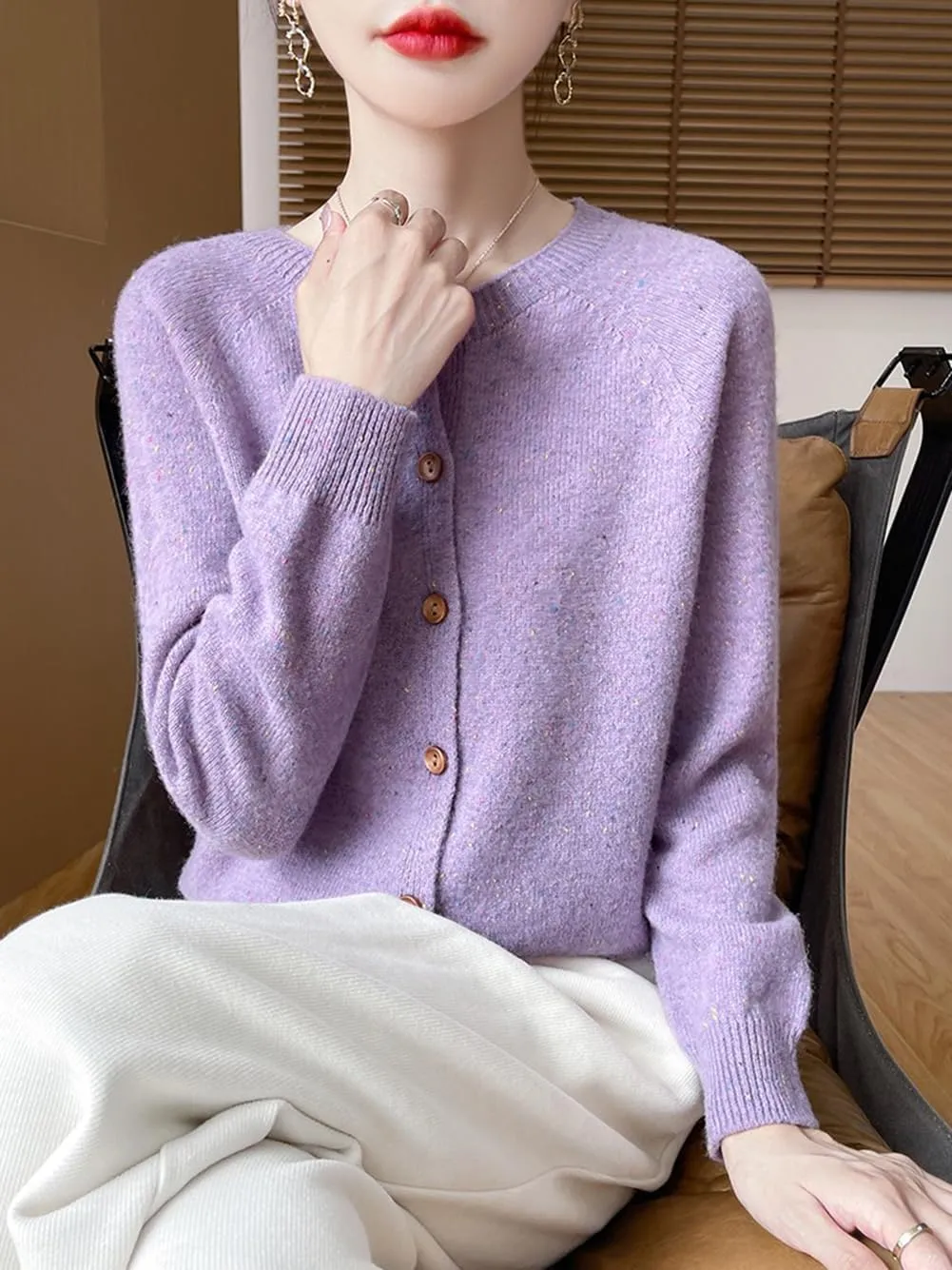 100% Merino Wool Cardigan Sweaters Women's Female Fall Winter Warm Knitted Crew Neck Long Sleeves Thick(WQ281)