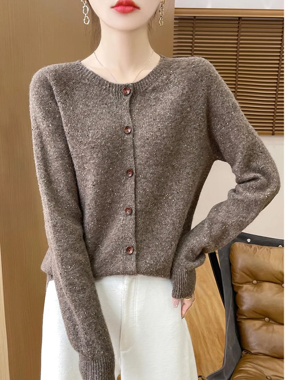 100% Merino Wool Cardigan Sweaters Women's Female Fall Winter Warm Knitted Crew Neck Long Sleeves Thick(WQ281)