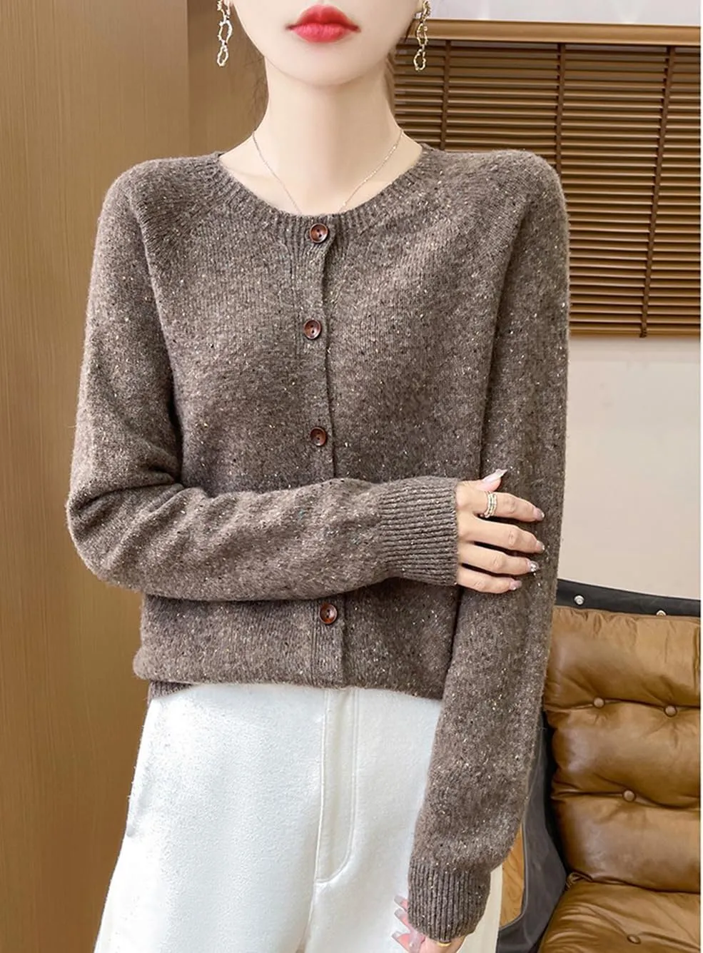 100% Merino Wool Cardigan Sweaters Women's Female Fall Winter Warm Knitted Crew Neck Long Sleeves Thick(WQ281)