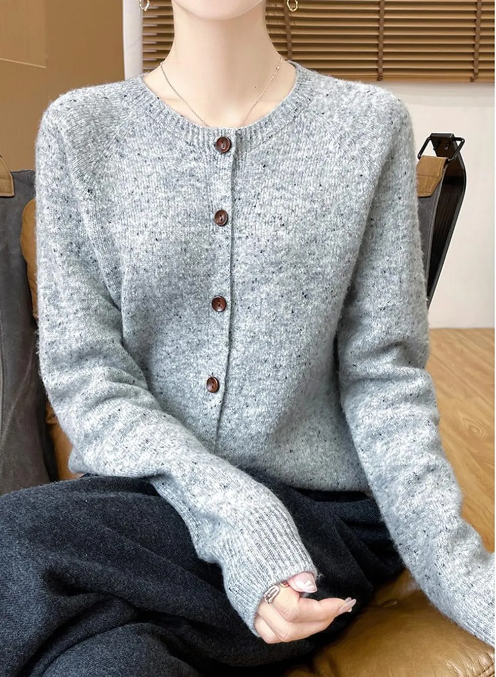 100% Merino Wool Cardigan Sweaters Women's Female Fall Winter Warm Knitted Crew Neck Long Sleeves Thick(WQ281)