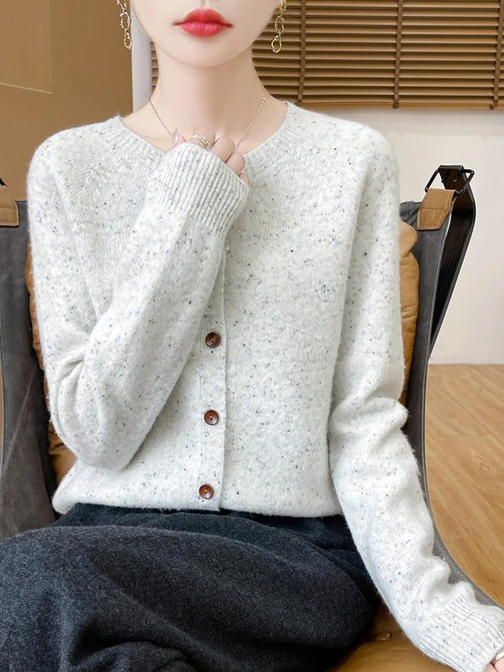 100% Merino Wool Cardigan Sweaters Women's Female Fall Winter Warm Knitted Crew Neck Long Sleeves Thick(WQ281)