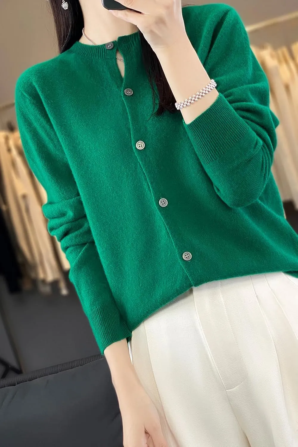 100% Merino Wool Sweaters Women's Fall Winter Female Round Neck Cardigan Knitted Long Sleeves Crewneck(014)