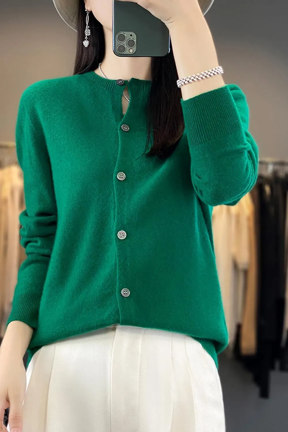 100% Merino Wool Sweaters Women's Fall Winter Female Round Neck Cardigan Knitted Long Sleeves Crewneck(014)