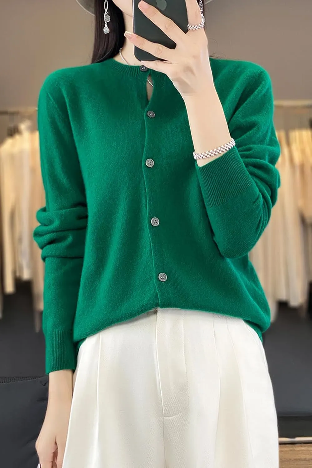 100% Merino Wool Sweaters Women's Fall Winter Female Round Neck Cardigan Knitted Long Sleeves Crewneck(014)