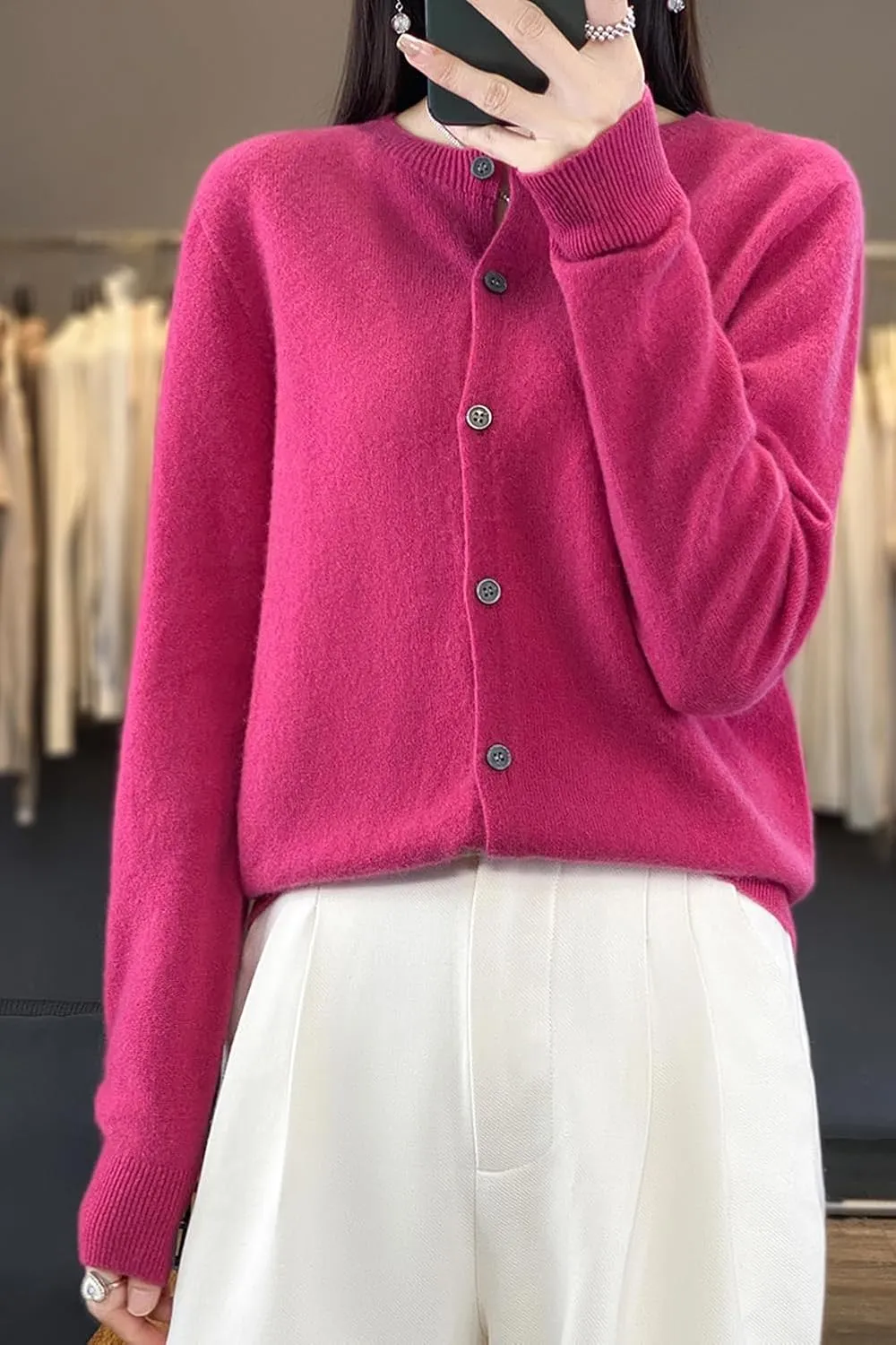 100% Merino Wool Sweaters Women's Fall Winter Female Round Neck Cardigan Knitted Long Sleeves Crewneck(014)