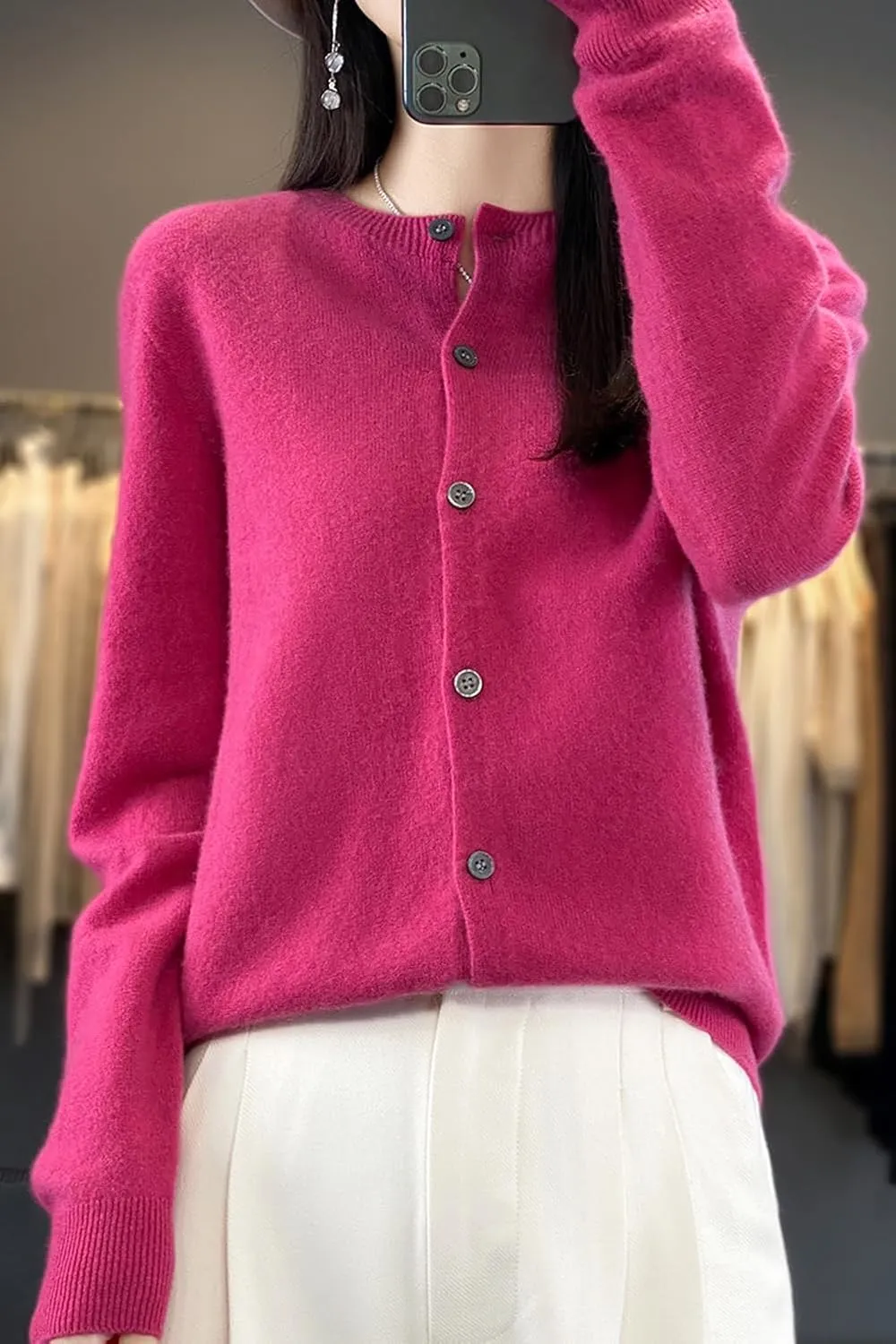 100% Merino Wool Sweaters Women's Fall Winter Female Round Neck Cardigan Knitted Long Sleeves Crewneck(014)