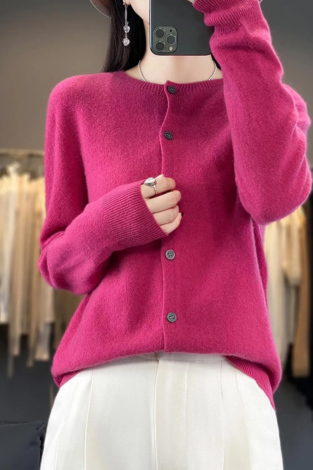 100% Merino Wool Sweaters Women's Fall Winter Female Round Neck Cardigan Knitted Long Sleeves Crewneck(014)
