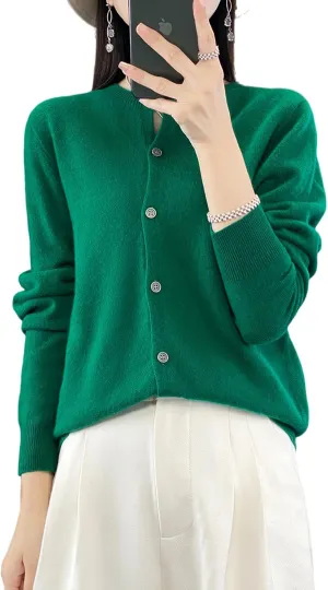100% Merino Wool Sweaters Women's Fall Winter Female Round Neck Cardigan Knitted Long Sleeves Crewneck(014)