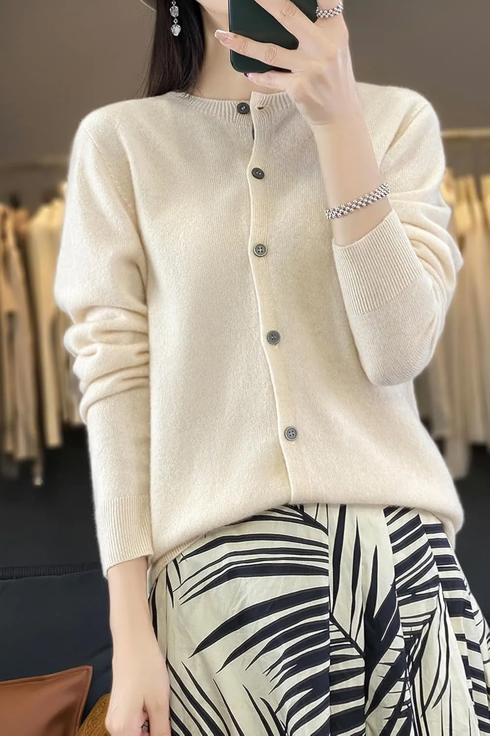 100% Merino Wool Sweaters Women's Fall Winter Female Round Neck Cardigan Knitted Long Sleeves Crewneck(014)
