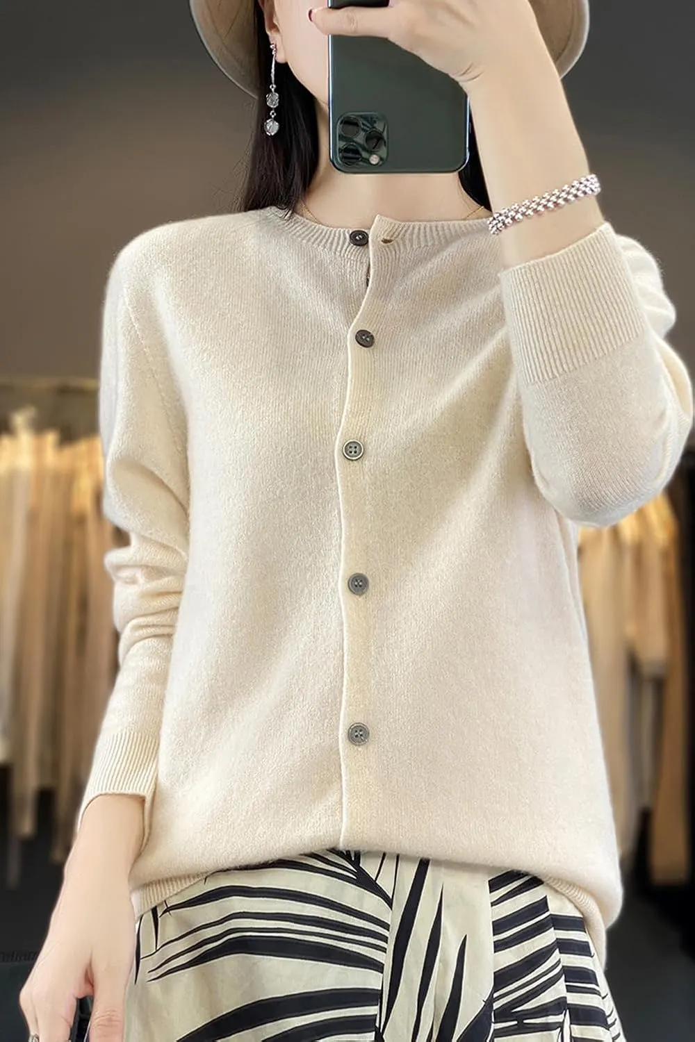 100% Merino Wool Sweaters Women's Fall Winter Female Round Neck Cardigan Knitted Long Sleeves Crewneck(014)