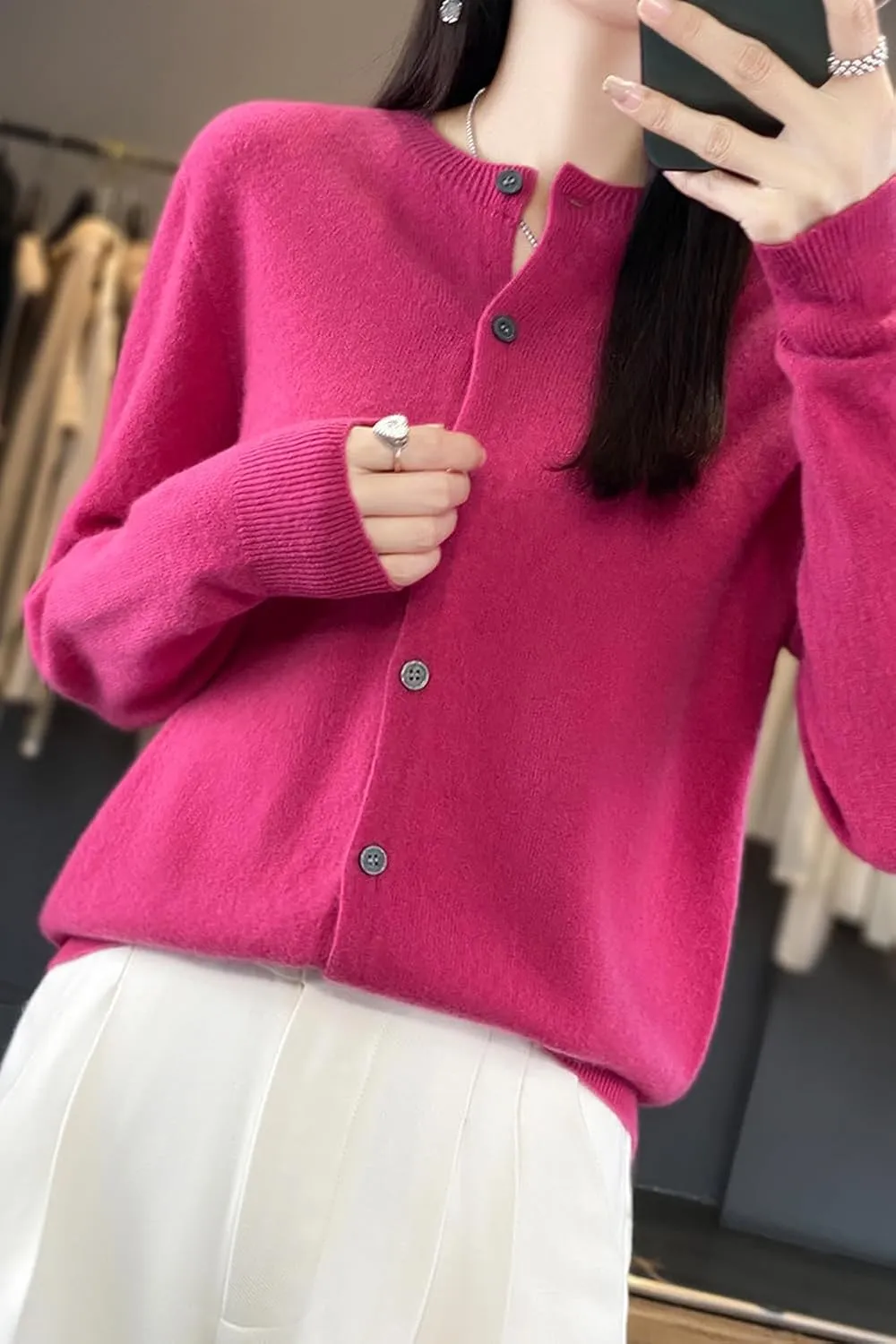 100% Merino Wool Sweaters Women's Fall Winter Female Round Neck Cardigan Knitted Long Sleeves Crewneck(014)