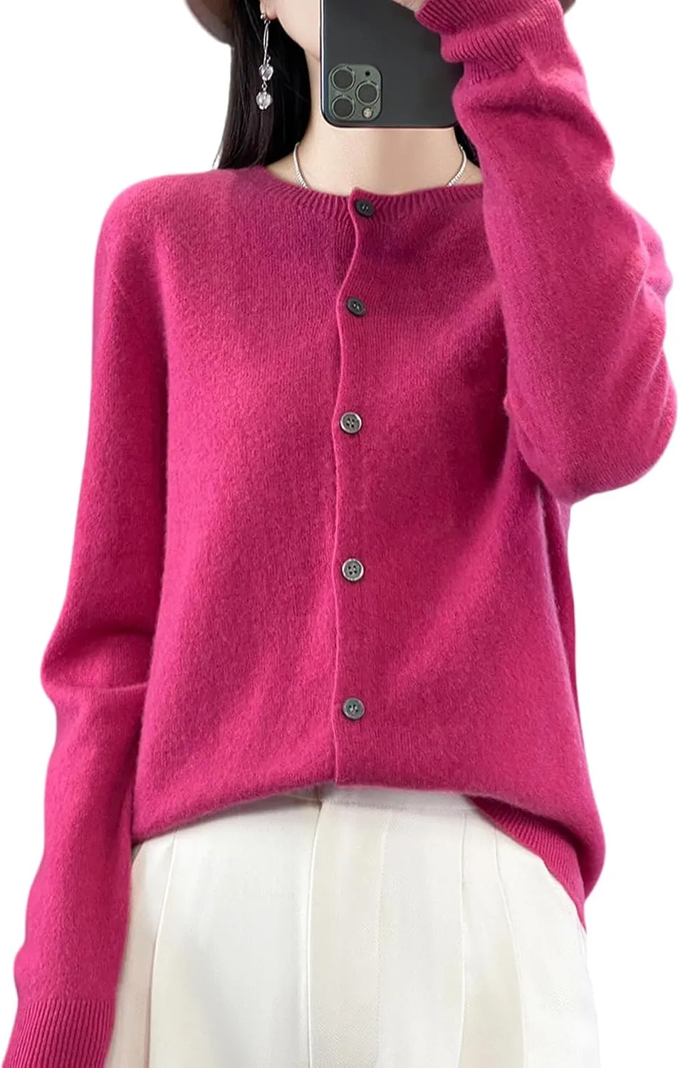 100% Merino Wool Sweaters Women's Fall Winter Female Round Neck Cardigan Knitted Long Sleeves Crewneck(014)