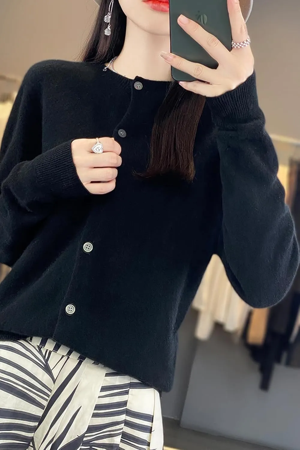 100% Merino Wool Sweaters Women's Fall Winter Female Round Neck Cardigan Knitted Long Sleeves Crewneck(014)