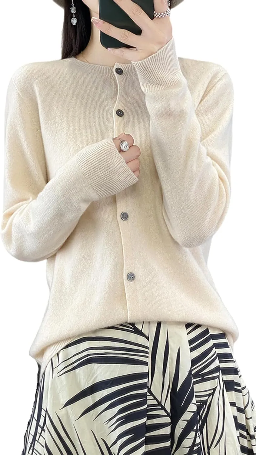 100% Merino Wool Sweaters Women's Fall Winter Female Round Neck Cardigan Knitted Long Sleeves Crewneck(014)