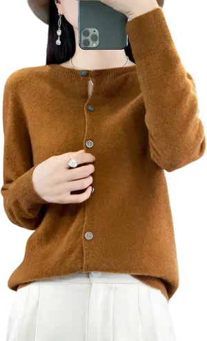 100% Merino Wool Sweaters Women's Fall Winter Female Round Neck Cardigan Knitted Long Sleeves Crewneck(014)