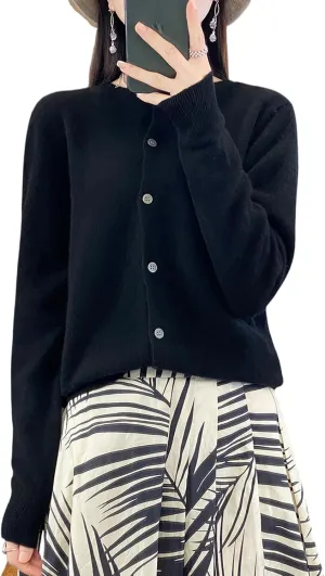 100% Merino Wool Sweaters Women's Fall Winter Female Round Neck Cardigan Knitted Long Sleeves Crewneck(014)