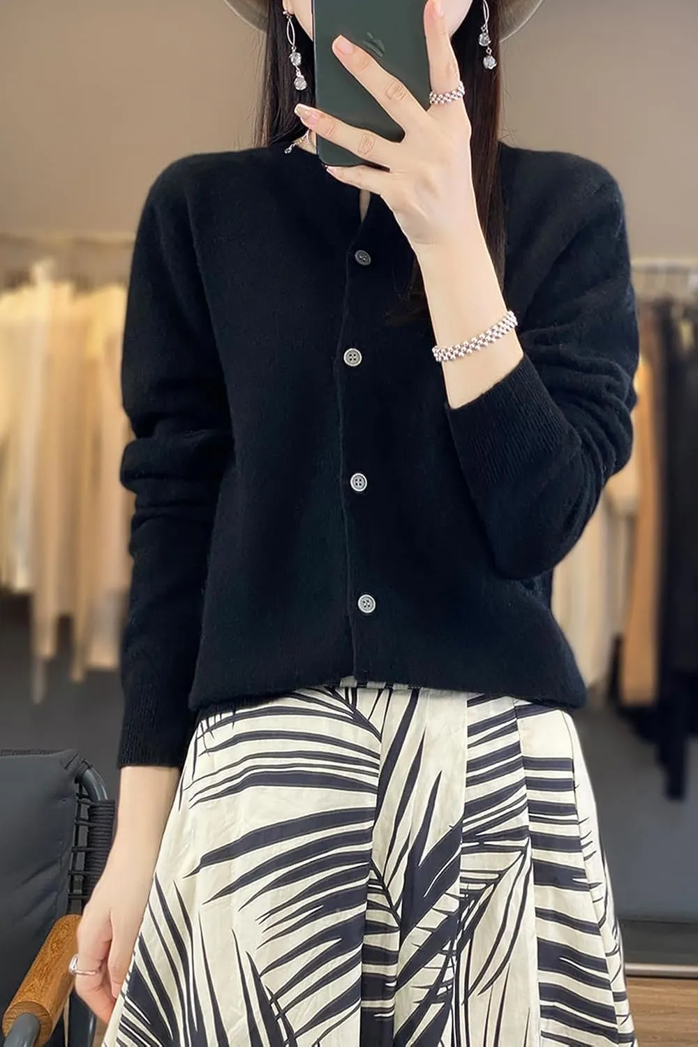 100% Merino Wool Sweaters Women's Fall Winter Female Round Neck Cardigan Knitted Long Sleeves Crewneck(014)