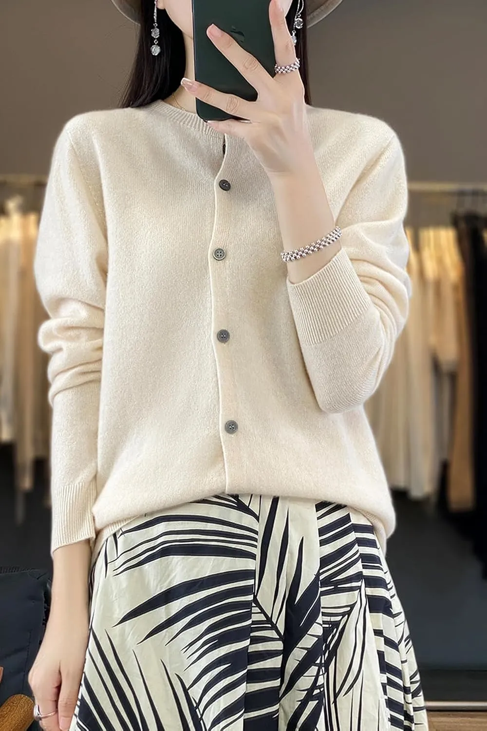 100% Merino Wool Sweaters Women's Fall Winter Female Round Neck Cardigan Knitted Long Sleeves Crewneck(014)