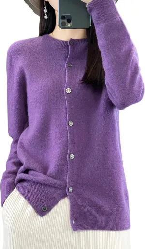 100% Merino Wool Sweaters Women's Fall Winter Female Round Neck Cardigan Knitted Long Sleeves Crewneck(014)