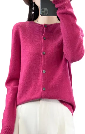 100% Merino Wool Sweaters Women's Fall Winter Female Round Neck Cardigan Knitted Long Sleeves Crewneck(014)