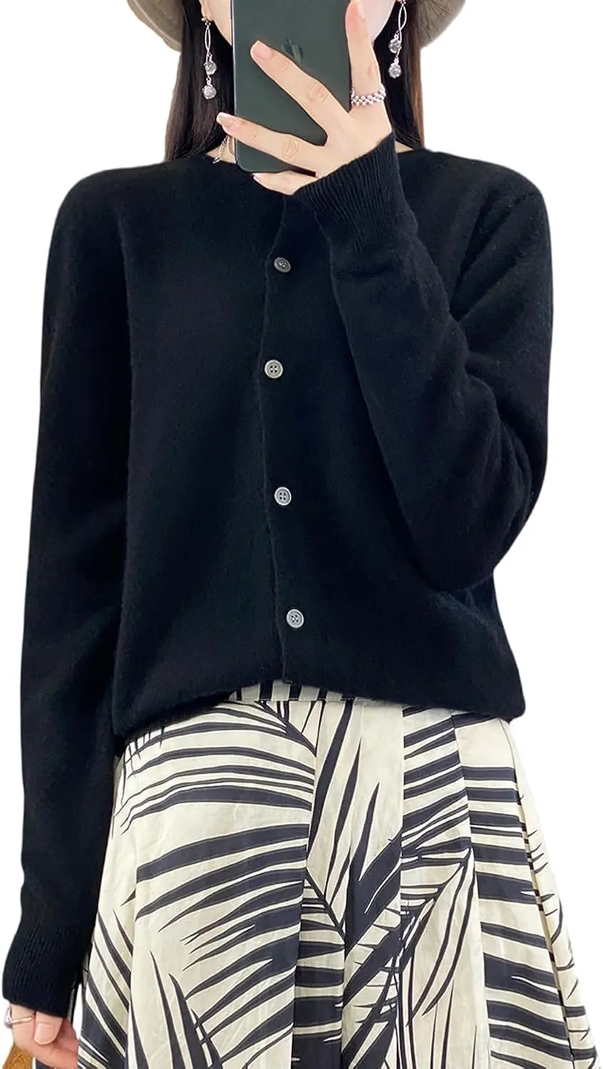 100% Merino Wool Sweaters Women's Fall Winter Female Round Neck Cardigan Knitted Long Sleeves Crewneck(014)