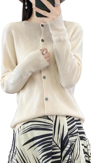 100% Merino Wool Sweaters Women's Fall Winter Female Round Neck Cardigan Knitted Long Sleeves Crewneck(014)
