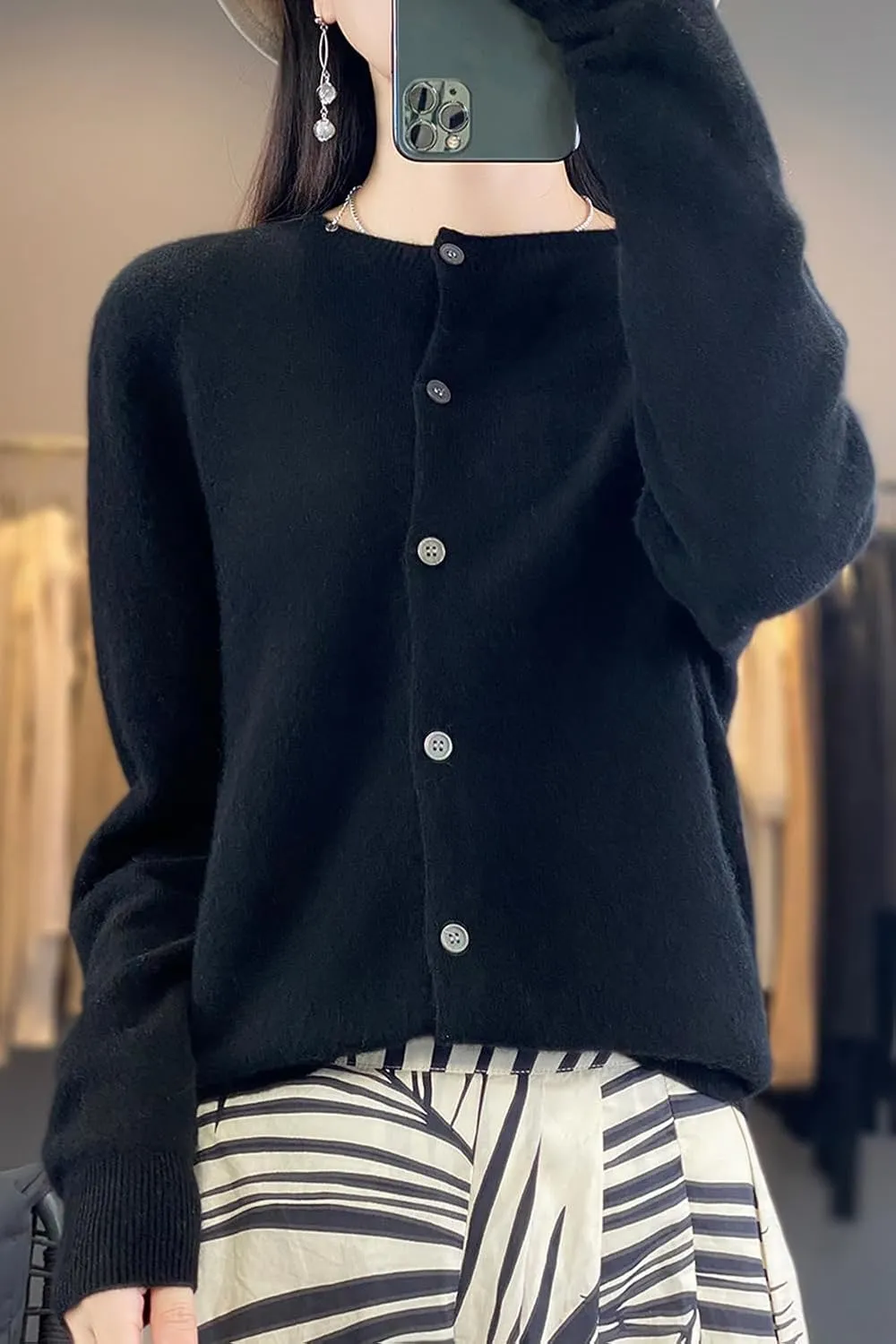 100% Merino Wool Sweaters Women's Fall Winter Female Round Neck Cardigan Knitted Long Sleeves Crewneck(014)