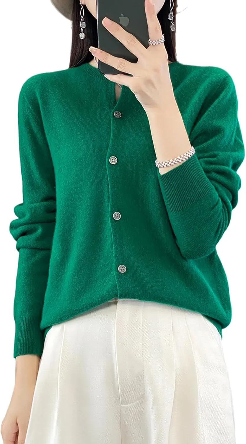 100% Merino Wool Sweaters Women's Fall Winter Female Round Neck Cardigan Knitted Long Sleeves Crewneck(014)