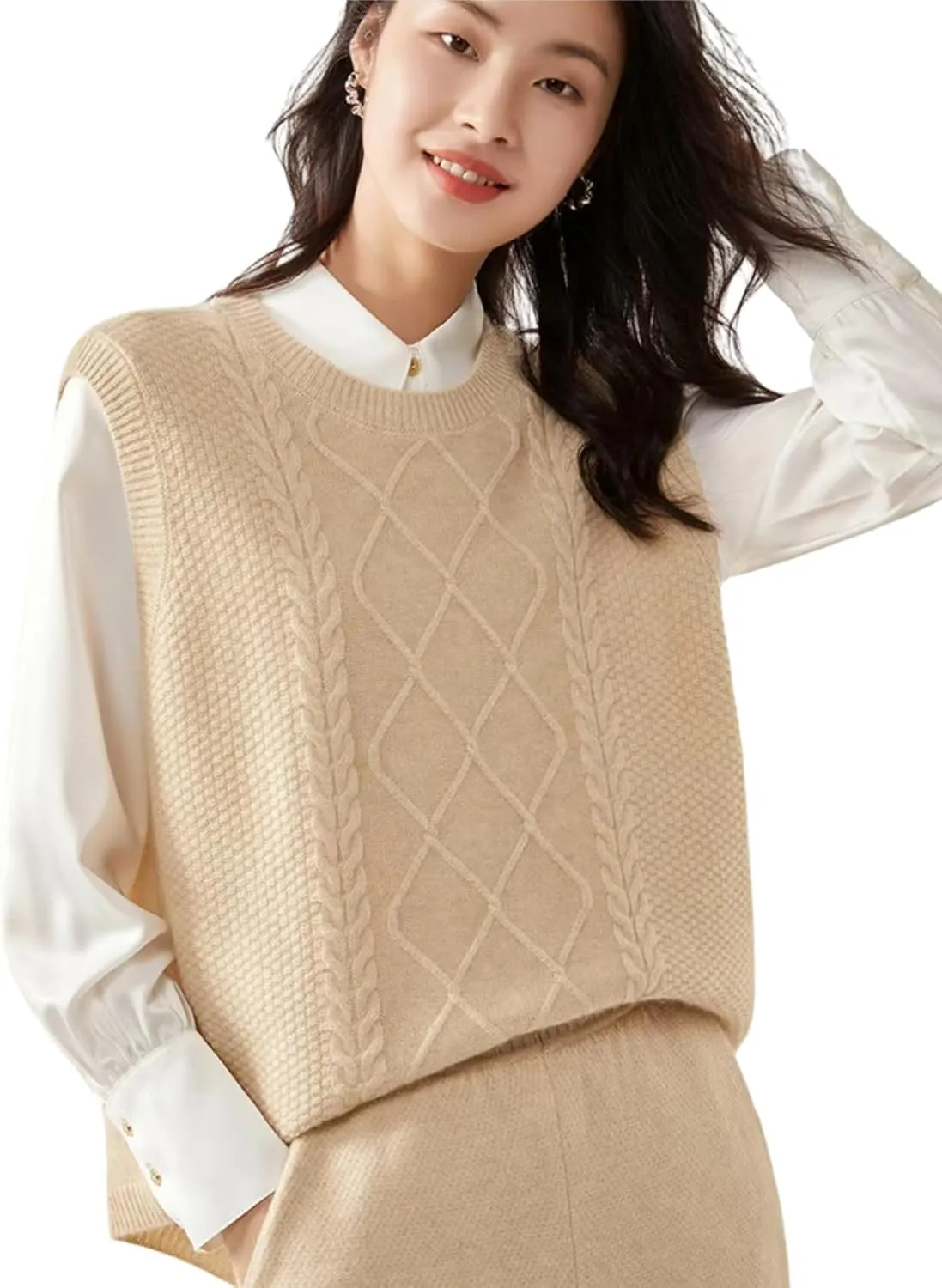 100% Merino Wool Sweaters Women's Female Fall Winter Knitted Pullover Crew Neck Waistcoat Sleeveless Vest(WQ7050)