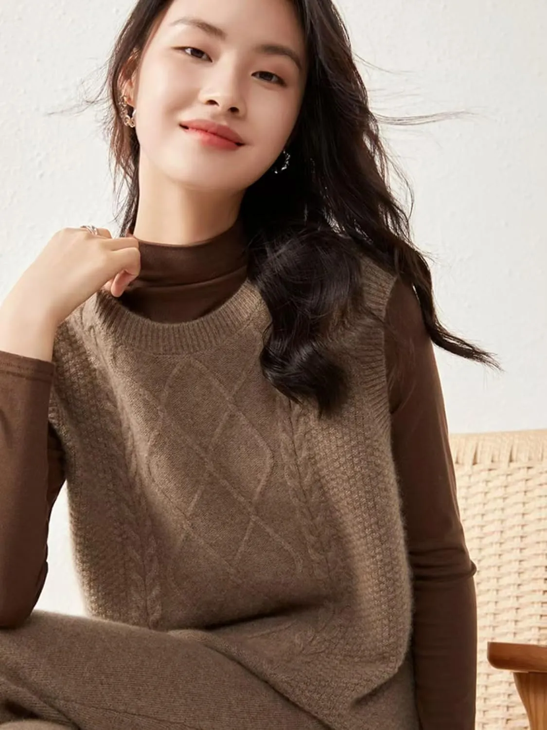 100% Merino Wool Sweaters Women's Female Fall Winter Knitted Pullover Crew Neck Waistcoat Sleeveless Vest(WQ7050)