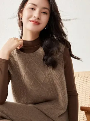 100% Merino Wool Sweaters Women's Female Fall Winter Knitted Pullover Crew Neck Waistcoat Sleeveless Vest(WQ7050)
