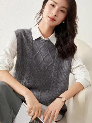 100% Merino Wool Sweaters Women's Female Fall Winter Knitted Pullover Crew Neck Waistcoat Sleeveless Vest(WQ7050)