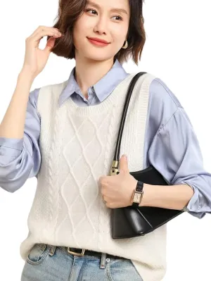100% Merino Wool Sweaters Women's Female Fall Winter Knitted Pullover Crew Neck Waistcoat Sleeveless Vest(WQ7050)