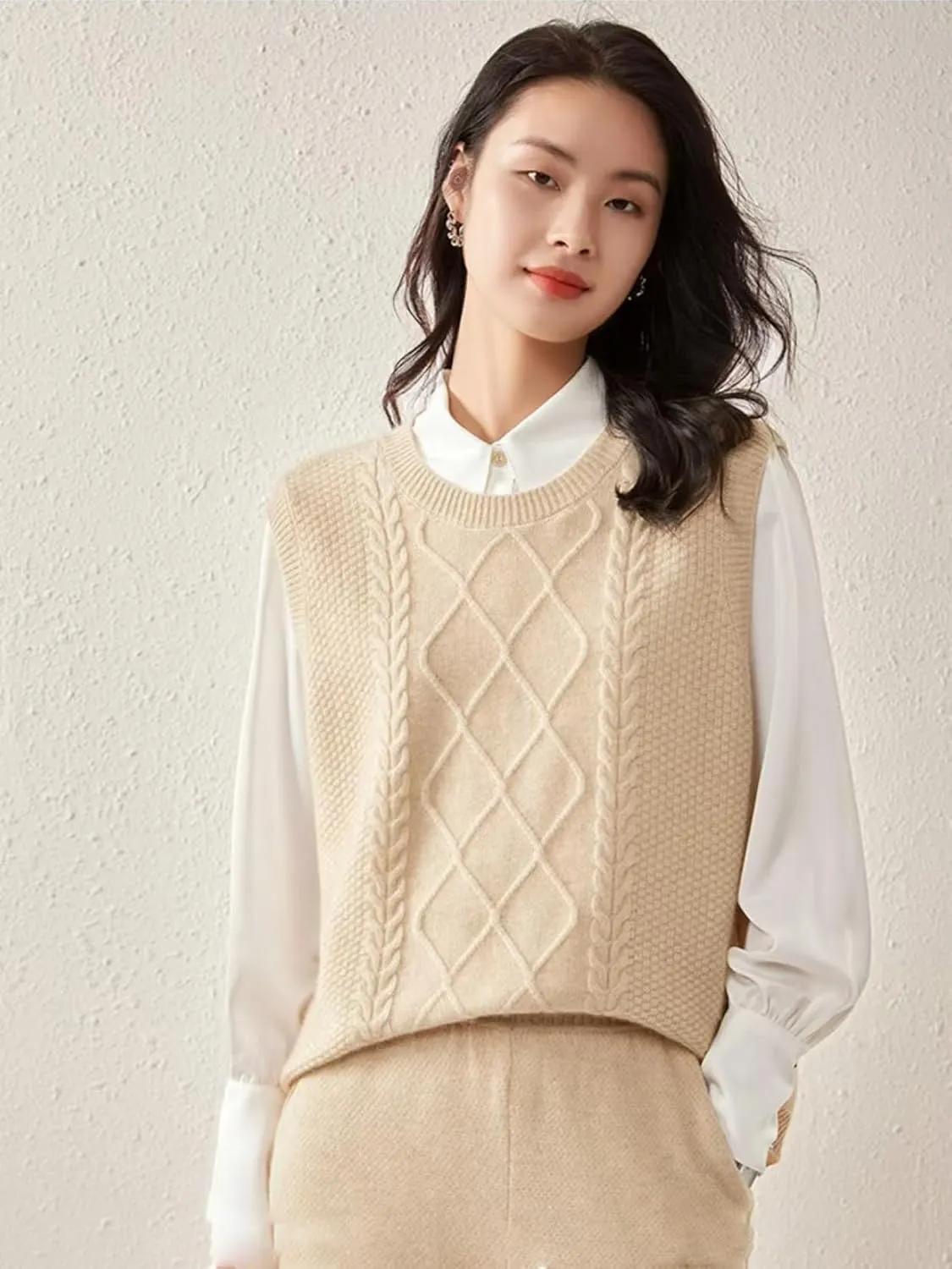 100% Merino Wool Sweaters Women's Female Fall Winter Knitted Pullover Crew Neck Waistcoat Sleeveless Vest(WQ7050)