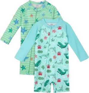 2 Pack Baby Toddler Boys Swimsuits UPF 50  Sun Protection Long-Sleeve Rash Guards Baby Dry Fit Bathing Suit with Zip